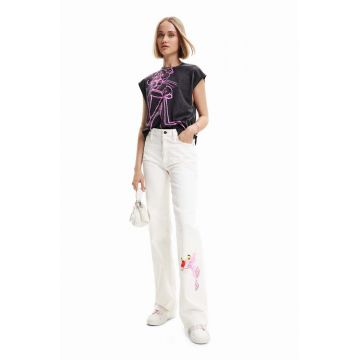 Desigual jeansi x Pantera Roz femei, culoarea alb, high waist