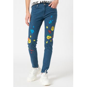 Blugi skinny cu talie joasa si imprimeu floral