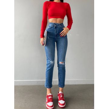 Blugi mom fit elastici cu rupturi