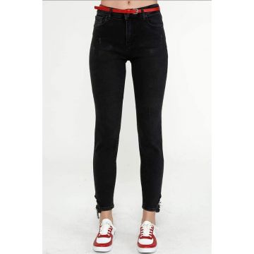 Blugi conici dama, curea rosie inclusa, Lynette, Negru