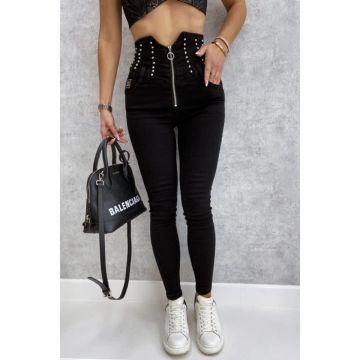 Blugi dama Kevin, cu talie inalta tip corset, Negru
