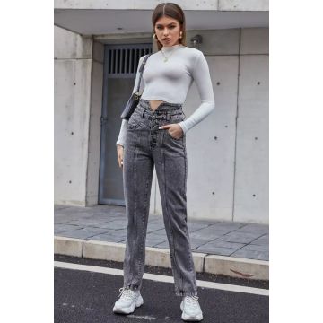 Blugi dama Lisa, cu talie inalta si croiala mom fit, Gri