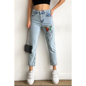Blugi dama mom fit, Loose, cu desen imprimat si talie inalta
