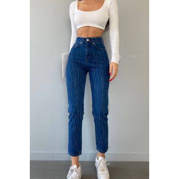 Blugi dama Pierre, mom fit, cu talie inalta si strasuri aplicate, Albastru denim