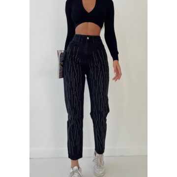 Blugi dama Pierre, mom fit, cu talie inalta si strasuri aplicate, Negru