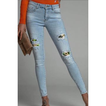 Blugi dama skinny, Harry, cu talie inalta, perforatii asimetrice cu insertii decorative si textura elastica, Albastru