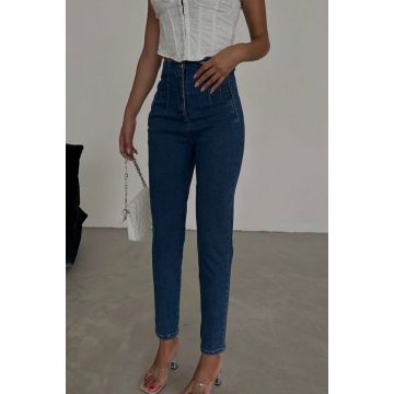 Blugi dama YoKo, slimfit cu talie inalta si buzunare decorative, Albastru