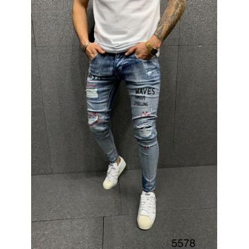 Blugi de bărbați, Albaștri cu imprimeuri, Slim Fit, Premium Denim - BG906