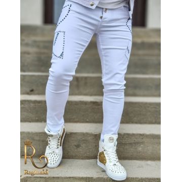 Blugi de bărbați albi cu ținte, conici, slim fit - BG807