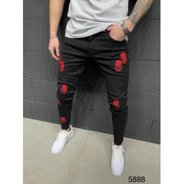 Blugi de bărbați, Negri cu imprimeuri, Slim Fit, Premium Denim - BG908