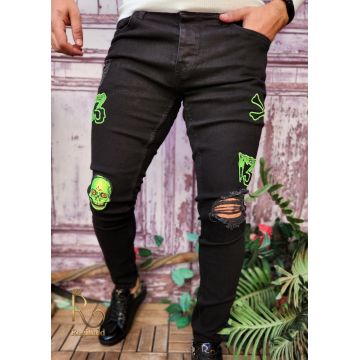 Blugi de bărbați, Negri cu imprimeuri, Slim Fit, Premium Denim - BG909