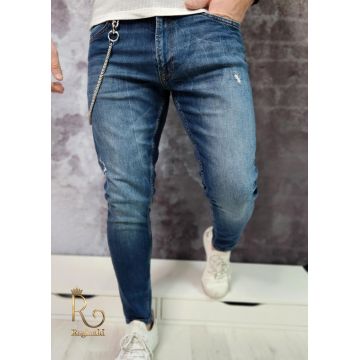 Blugi de bărbați, skinny fit, elastici si conici, Albaștri cu lanț - BG915
