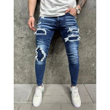 Blugi de bărbați, Slim Fit, elastici si conici, albastri cu rupturi- BG919