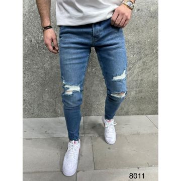 Blugi de bărbați, Slim Fit, elastici si conici, albastri cu rupturi - BG923