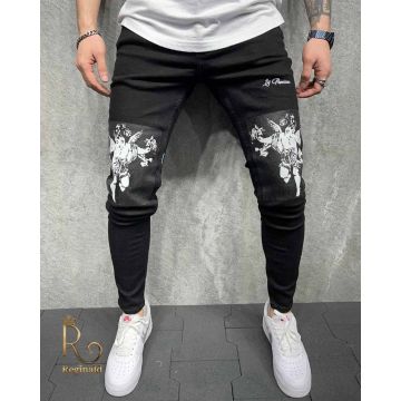 Blugi de bărbați, Slim Fit, Elastici si Conici, Negri cu imprimeu - BG890