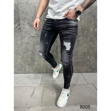 Blugi de bărbați, Slim Fit, elastici si conici, negri cu rupturi-BG927