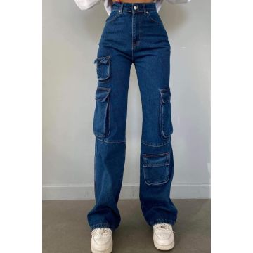 Blugi evazati Keen, tip cargo cu buzunare oversize si cusaturi evidentiate, Bleumarin
