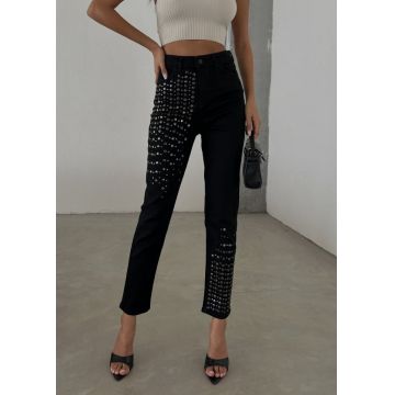 Blugi mom fit cu aplicatii pe picior