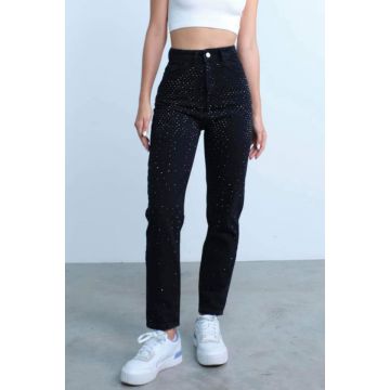 Blugi mom fit cu talie inalta Shiny, cu paiete frontale si buzunare, Negru