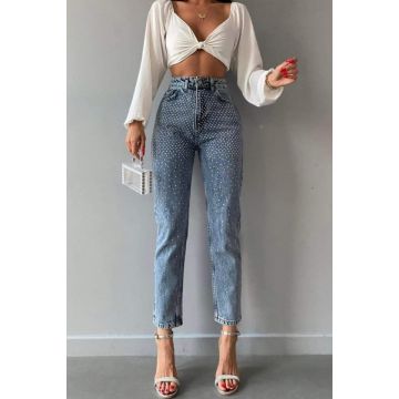 Blugi mom fit Glim, cu talie inalta, paiete frontale, buzunare si croiala conica, Albastru
