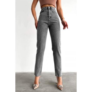 Blugi mom fit Glim, cu talie inalta, paiete frontale, buzunare si croiala conica, Gri