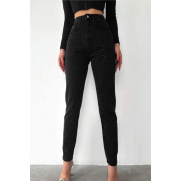 Blugi mom fit Glim, cu talie inalta, paiete frontale, buzunare si croiala conica, Negru