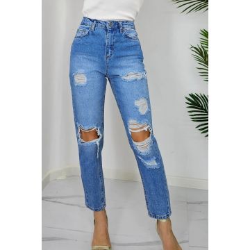 Blugi mom fit Kalista, cu talie inalta, perforatii ample, buzunare si croiala lejera, Albastru