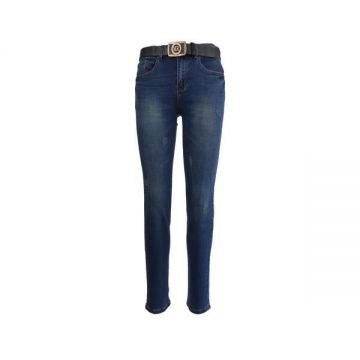 Jeans dama, Miss Roksi, albastru cu 5 buzunare si curea, zgariati  in fata si pe buzunarele din spate, marime 30