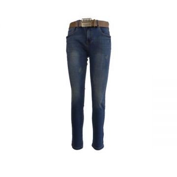 Jeans dama, Miss Roksi, albastru cu 5 buzunare si curea, zgariati  in fata si pe buzunarele din spate, marime 32