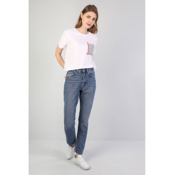 Blugi mom-fit cu aspect decolorat