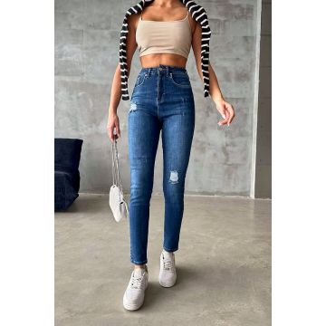 Blugi dama, Katy, croiala elastica boyfriend cu talie inalta, Albastru denim