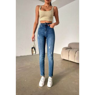 Blugi dama, NARY, croiala elastica boyfriend cu talie inalta, Albastru