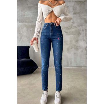 Blugi dama, Splash Paint, croiala elastica boyfriend cu detalii cromatice, Albastru