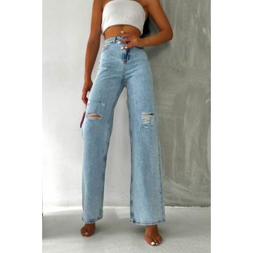 Blugi mom fit LIKE Different, cu talie inalta si taieturi ample, Albastru deschis