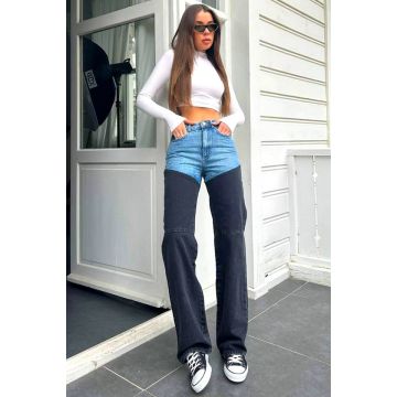 Blugi mom fit TwoTone, croiala bicolora cu talie inalta, Albastru Negru