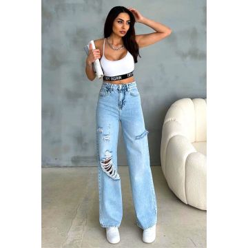Blugi baggy DOHA, cu perforatii multiple, ample si aspect prespalat, Albastru