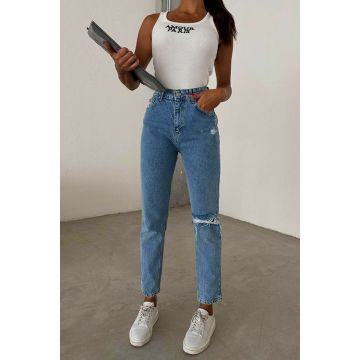 Blugi boyfriend Jakarta, cu perforatii multiple pe o parte, Albastru deschis