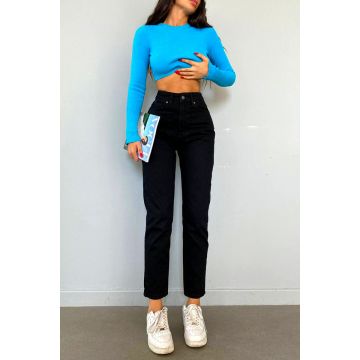 Blugi boyfriend Phenia, cu talie inalta si fara elastan, Negru