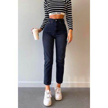 Blugi boyfriend Phenia, cu talie inalta si perforatii, Bleumarin