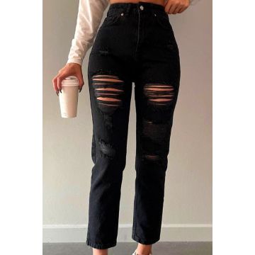 Blugi boyfriend TEHE, cu perforatii ample pe linia piciorului, Negru