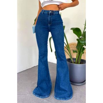 Blugi dama Merida, cu super elastan si lungime oversize evazata, Albastru inchis