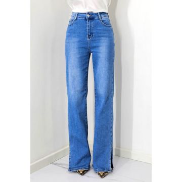 Blugi mom fit MonTery, cu slit scurt pe picior si lungime oversize, Albastru prespalat