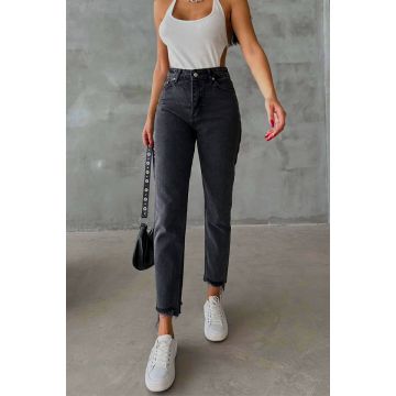 Blugi mom slimfit Colombo, cu perforatii la baza piciorului si talie inalta, Negru antracit