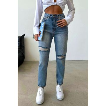 Blugi mom slimfit SEUL, cu aspect prespalat si perforatii, Albastru deschis
