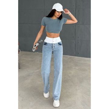 Blugi mom slimfit Taipei, in doua nuante si inchidere cu nasturi, Albastru deschis