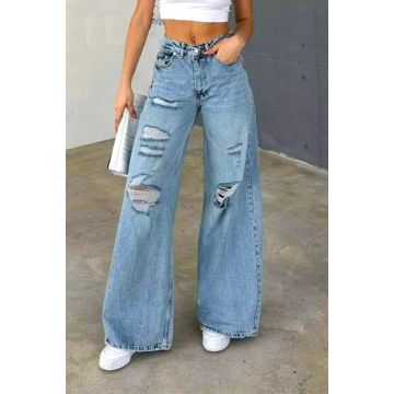 Blugi wide leg Guana, cu perforatii ample asimetrice si croi large, Albastru deschis
