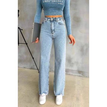 Blugi wide leg Yukatan, cu tiv perforat si aspect prespalat, Albastru zapada