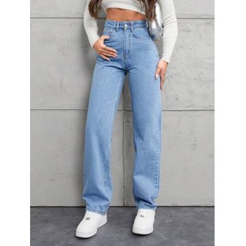 Blugi cu talie inalta, straight fit, albastru, dama