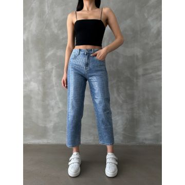 Blugi mom fit cu aspect lucios