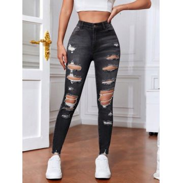 Blugi skinny fit cu talie inalta, buzunare, negru, dama